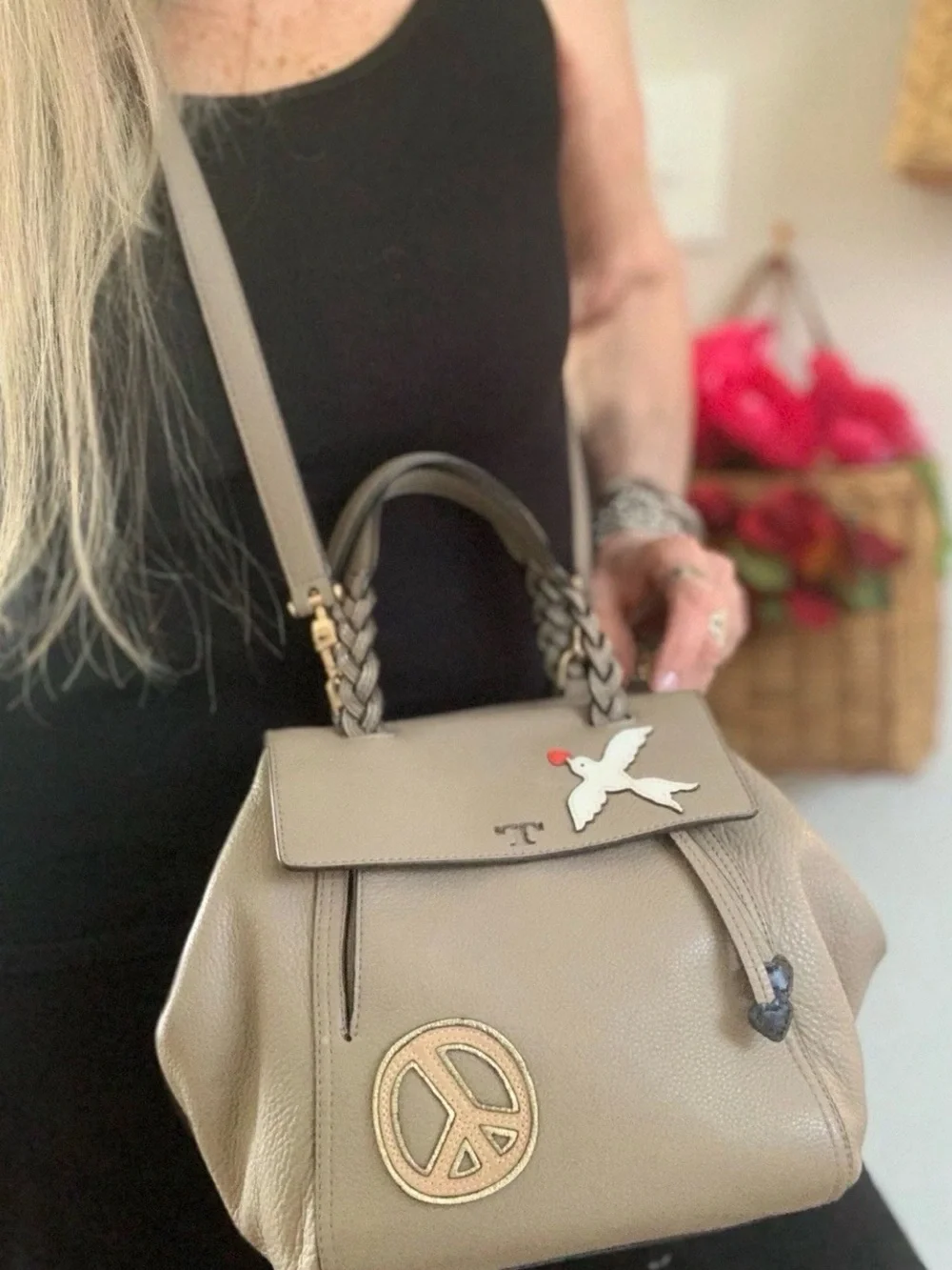 TORY BURCH PEACE LOVE HALF MOON SATCHEL FRENCH GRAY EUC